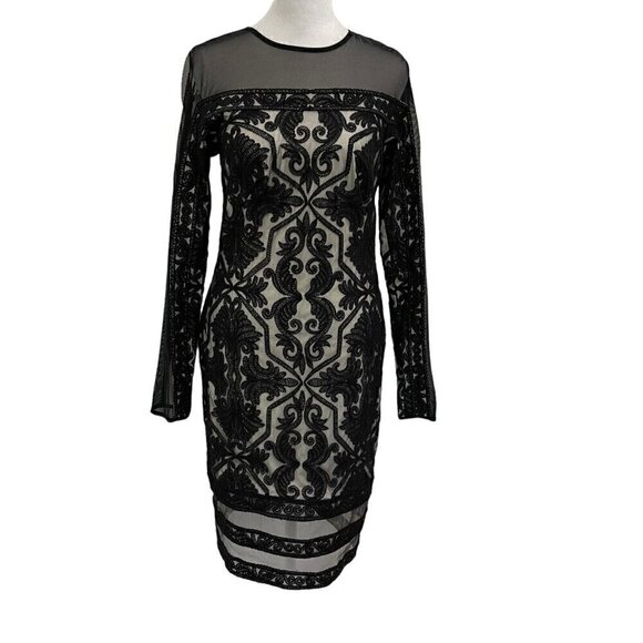 *Tadashi Shoji Lace Mesh Long Sleeve Sheath Cocktail Mini Dress Black size 4 - Picture 1 of 7